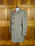 26/0804 vintage harris tweed grey herringbone wool car coat peacoat w/ leather buttons 41-42