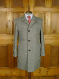 26/0804 vintage harris tweed grey herringbone wool car coat peacoat w/ leather buttons 41-42