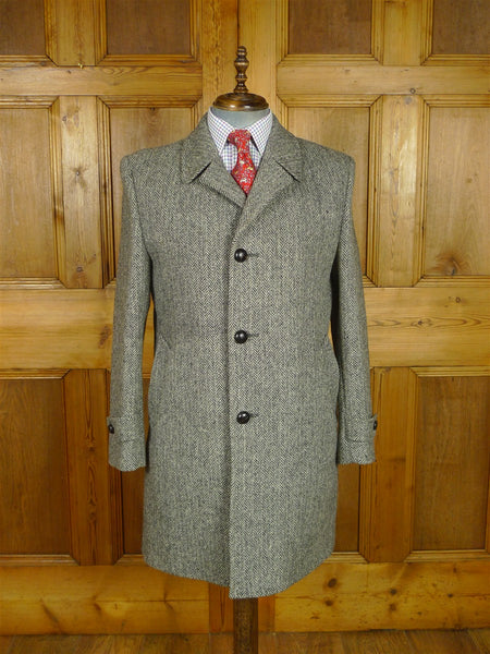 26/0804 vintage harris tweed grey herringbone wool car coat peacoat w/ leather buttons 41-42