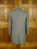 26/0804 vintage harris tweed grey herringbone wool car coat peacoat w/ leather buttons 41-42