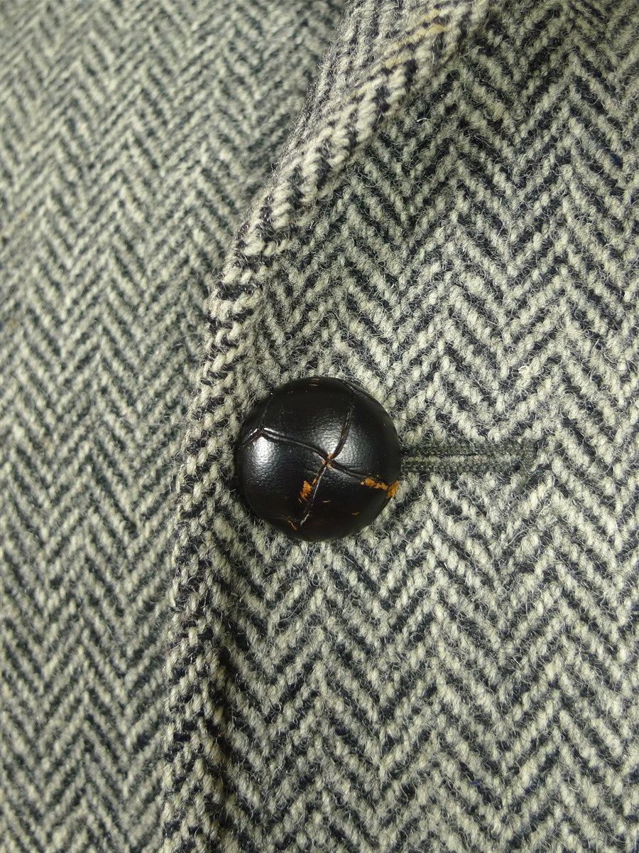 26/0804 vintage harris tweed grey herringbone wool car coat peacoat w/ leather buttons 41-42