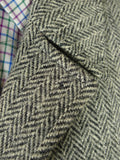 26/0804 vintage harris tweed grey herringbone wool car coat peacoat w/ leather buttons 41-42