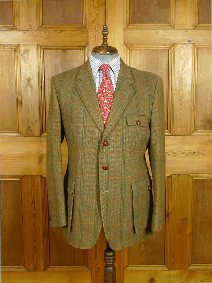 26/0818 immaculate british saxony wool green wp check tweed half-norfolk style shooting jacket 43-44 long