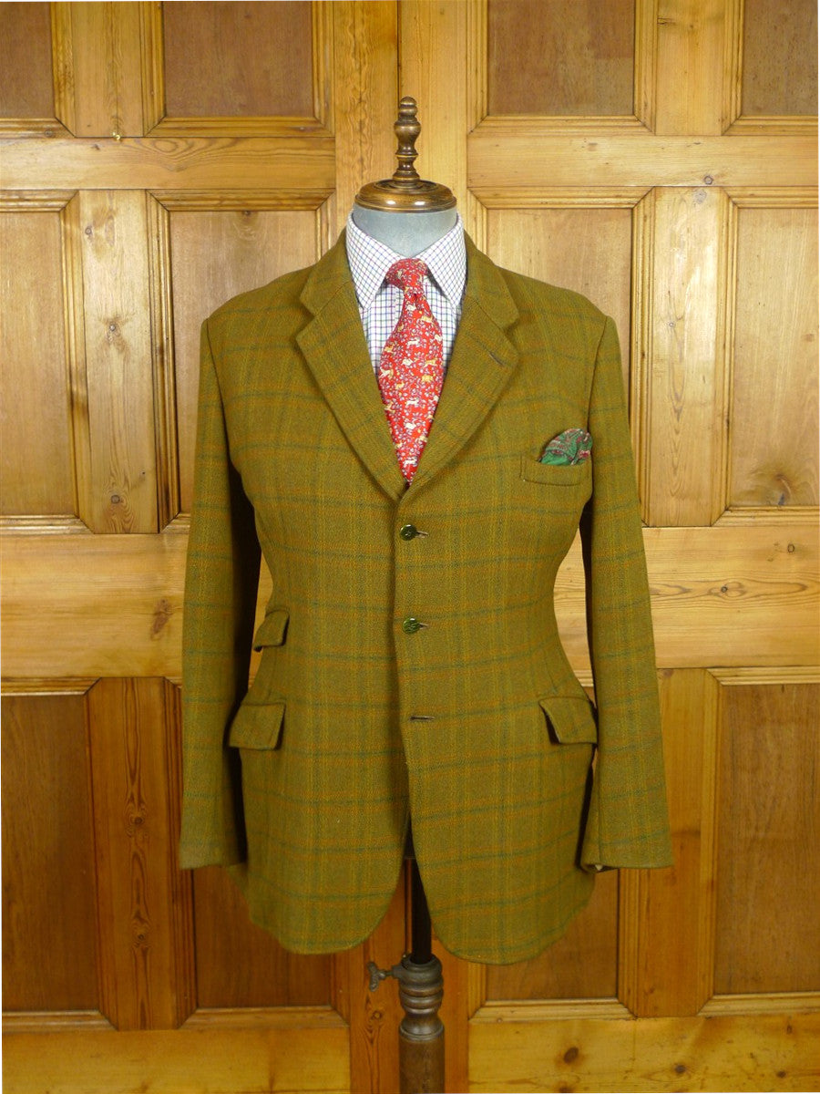 26/0821 vintage 1960s british green wp check cavalry twill hacking jacket w/ poacher's pocket for goodwood revival 39 regular