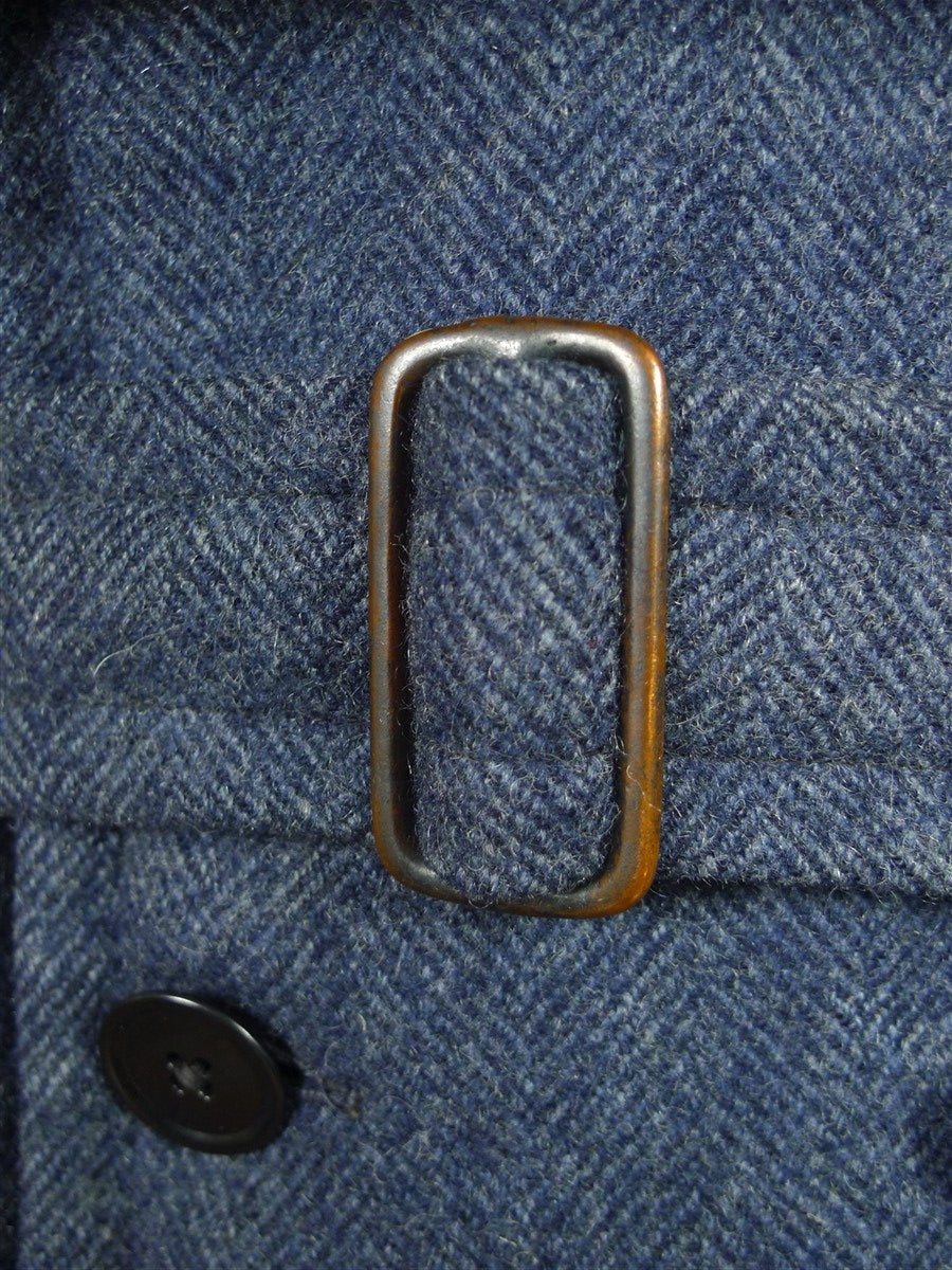 26/0824 exceptional near immaculate cc41 utility mark genuine ww2 era heavyweight d/b blue herringbone weave tweed overcoat w/ original belt & buttons 40