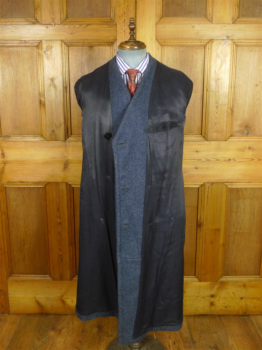 26/0824 exceptional near immaculate cc41 utility mark genuine ww2 era heavyweight d/b blue herringbone weave tweed overcoat w/ original belt & buttons 40