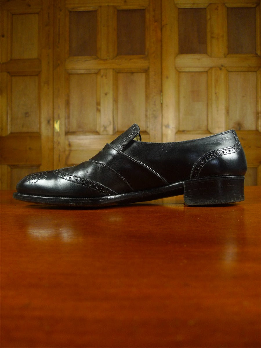 26/0711 beautiful vintage george cleverly black leather brogue slip-on shoe w/ bags uk 9