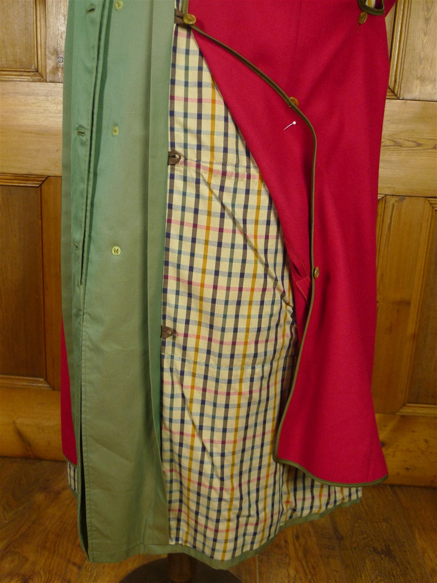 26/0857 wonderful vintage daks 2-tone green 100% cotton belted raincoat mac w/ removable red wool liner 42-44