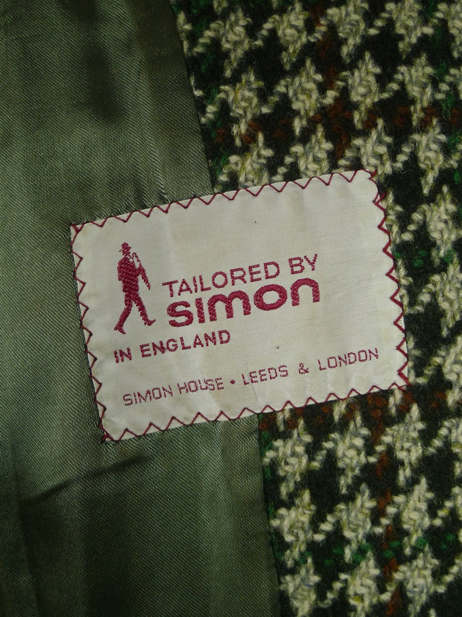 26/0875 vintage heavyweight crombie wool tailor-made green / brown houndstooth check tweed coat overcoat 40-42