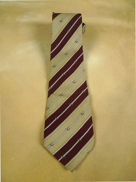 26/0897 wonderful vintage christian dior burgundy / beige striped silk tie w/ horn motif