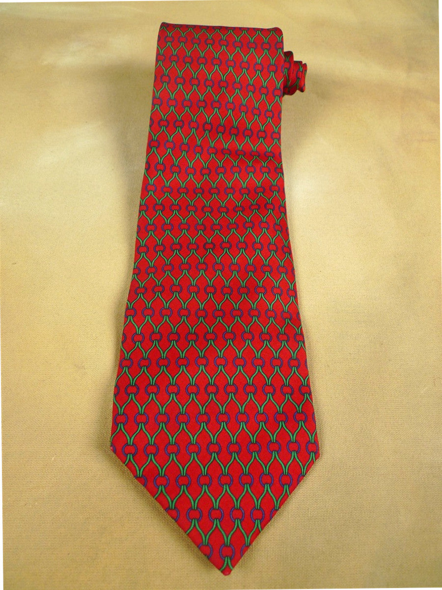 26/0904 immaculate vintage british red / green & blue link pattern silk tie