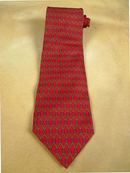 26/0904 immaculate vintage british red / green & blue link pattern silk tie