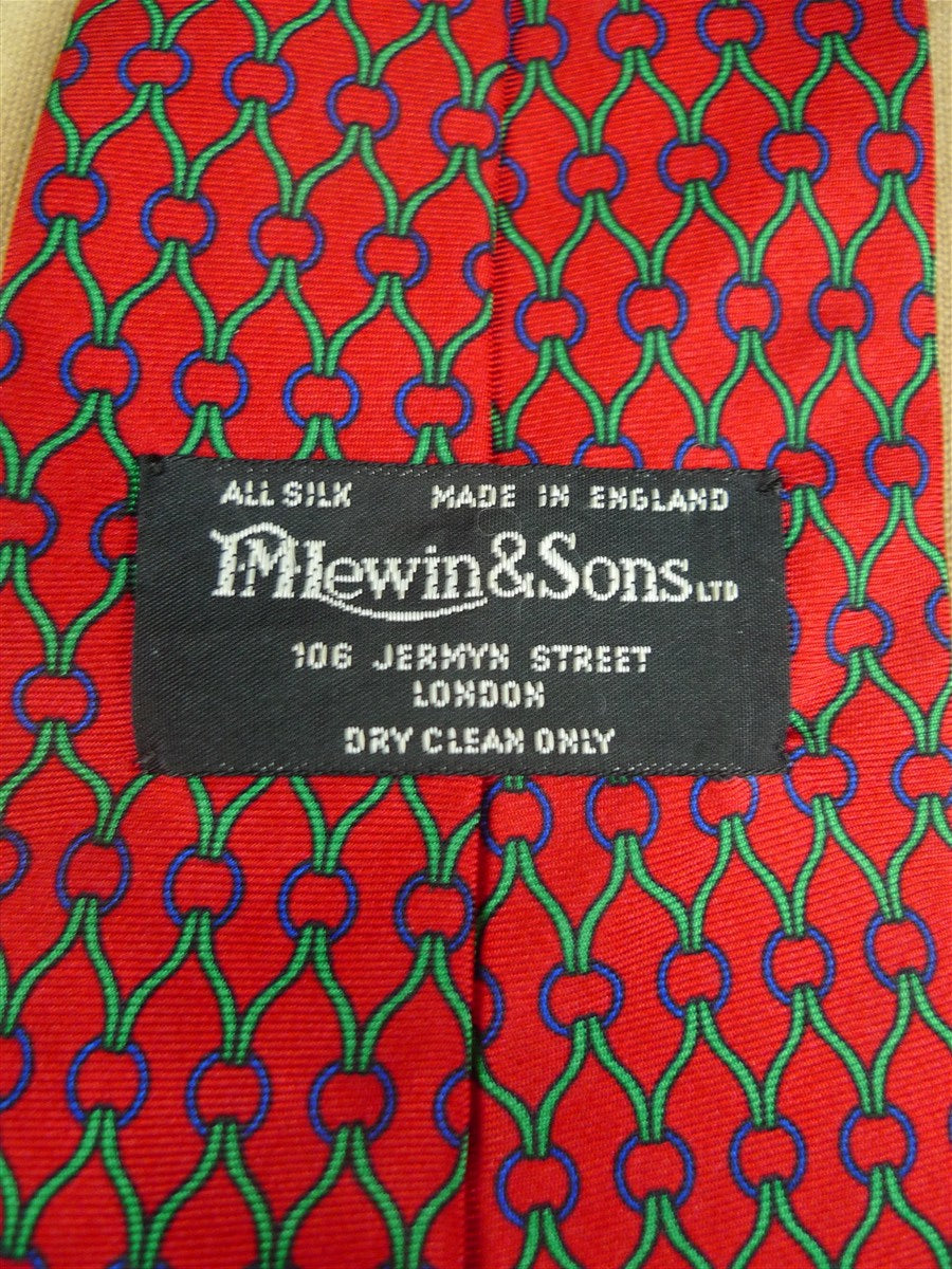 26/0904 immaculate vintage british red / green & blue link pattern silk tie
