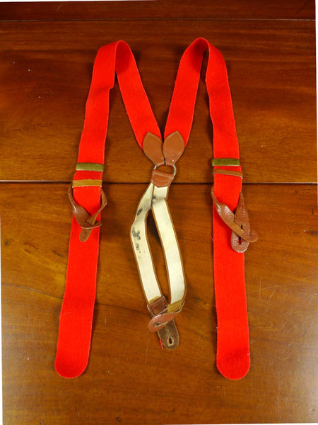 26/0919 vintage albert thurston red boxcloth braces w/ brown leather ends