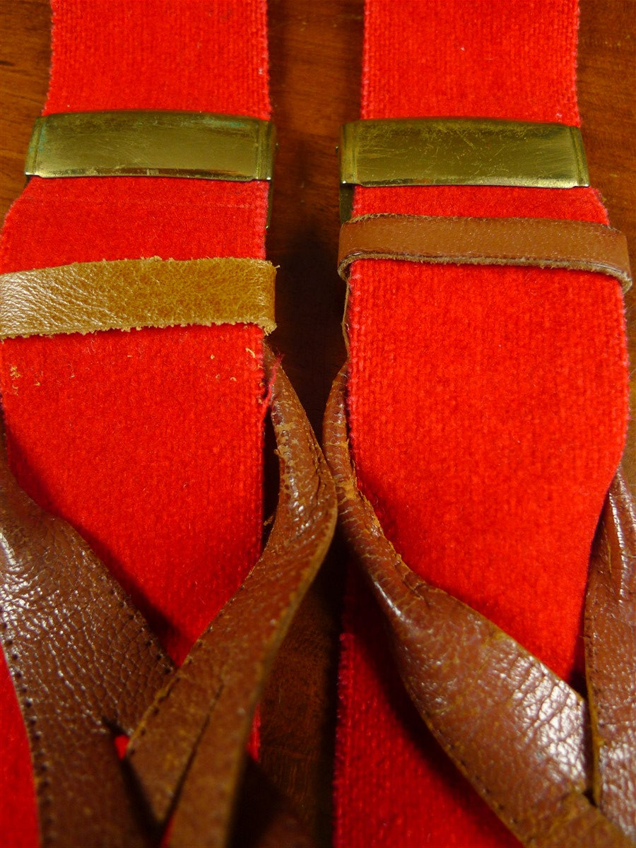 26/0919 vintage albert thurston red boxcloth braces w/ brown leather ends