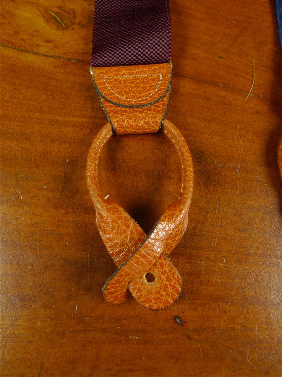 26/0914 brooks brothers burgundy red woven braces w/ tan leather ends