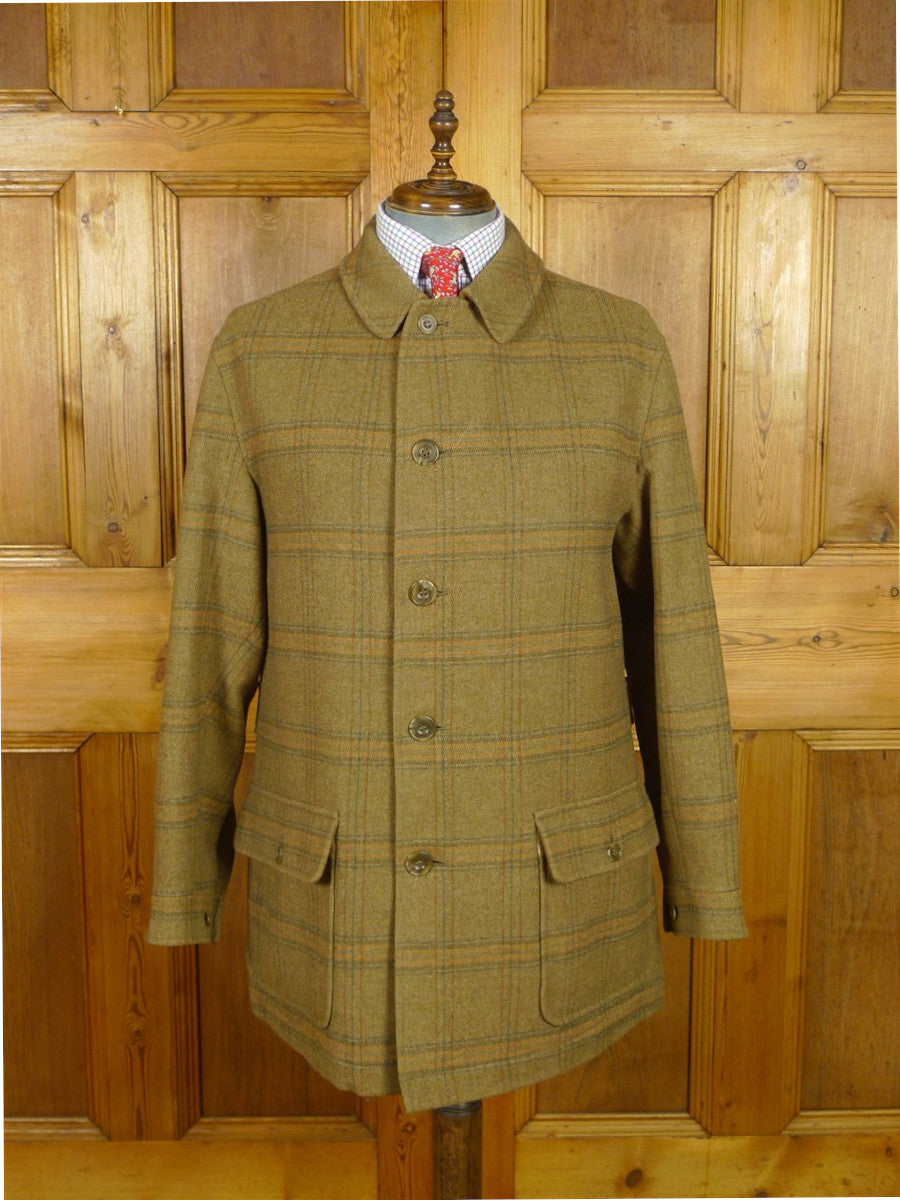 26/0959 exceptional immaculate vintage invertere heavyweight wp check heavyweight twill field coat w/ ghillie collar & back strap 44 regular