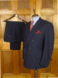 26/0956 vintage 2002 henry poole savile row bespoke navy blue pin-stripe d/b worsted & mohair suit 45 short to regular
