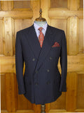 26/0956 vintage 2002 henry poole savile row bespoke navy blue pin-stripe d/b worsted & mohair suit 45 short to regular