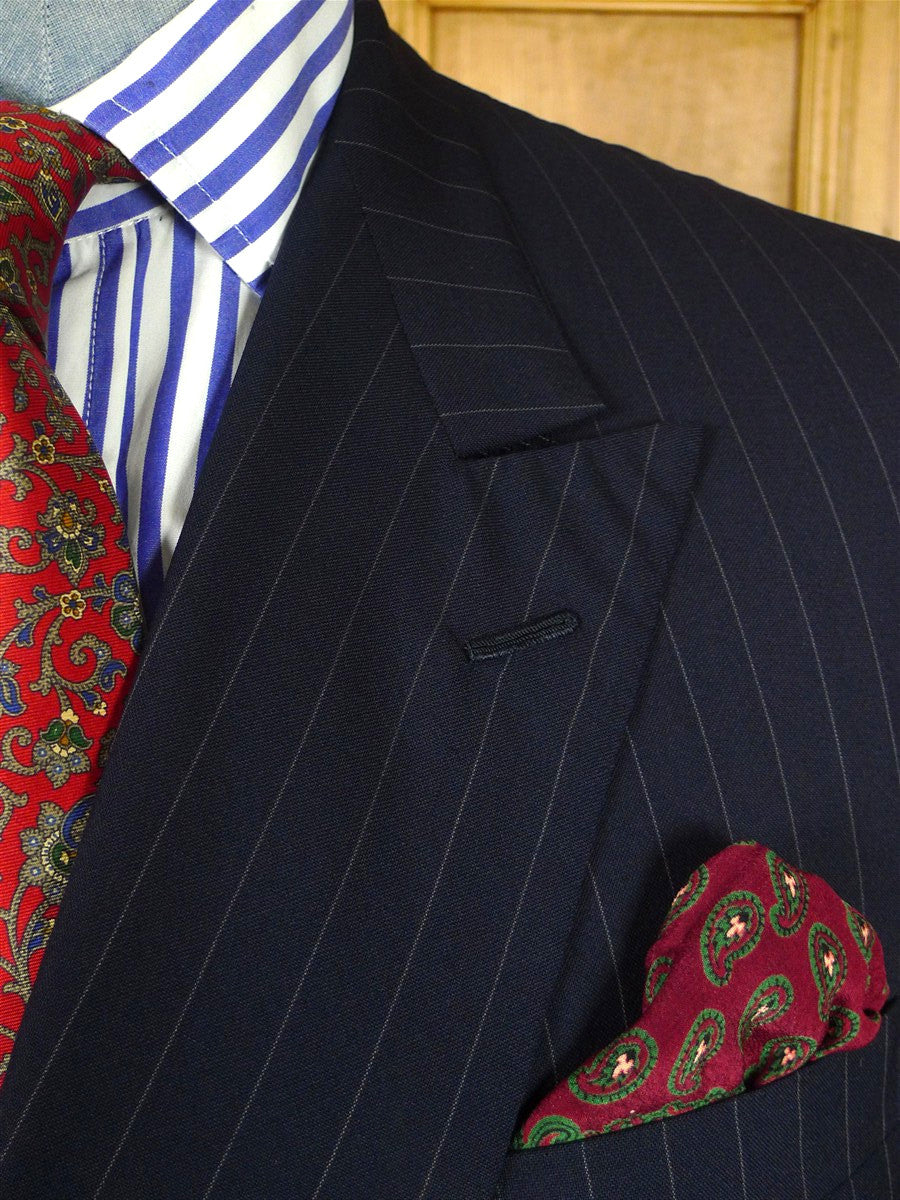 26/0956 vintage 2002 henry poole savile row bespoke navy blue pin-stripe d/b worsted & mohair suit 45 short to regular