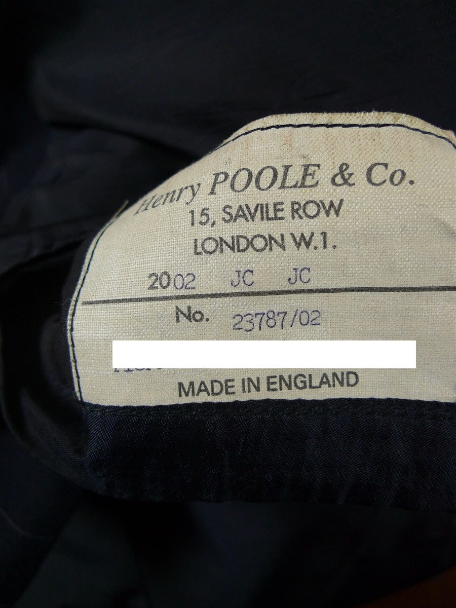 26/0956 vintage 2002 henry poole savile row bespoke navy blue pin-stripe d/b worsted & mohair suit 45 short to regular