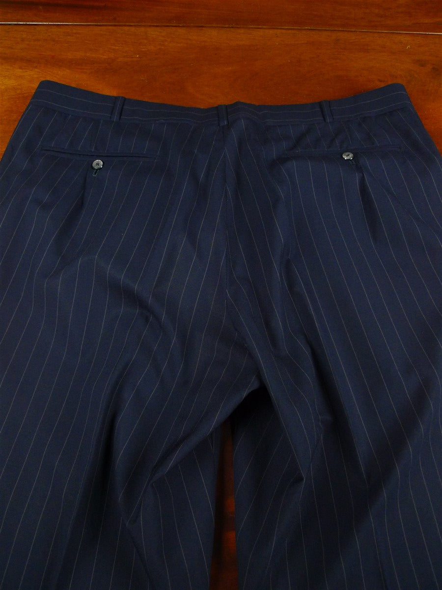 26/0956 vintage 2002 henry poole savile row bespoke navy blue pin-stripe d/b worsted & mohair suit 45 short to regular