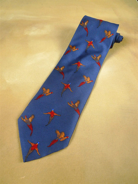 26/0989 blue pheasant pattern silk tie for country pursuits / goodwood revival