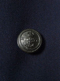 26/1044 vintage british bespoke heavyweight navy blue worsted d/b suit w/ yacht club buttons 46 short to regular