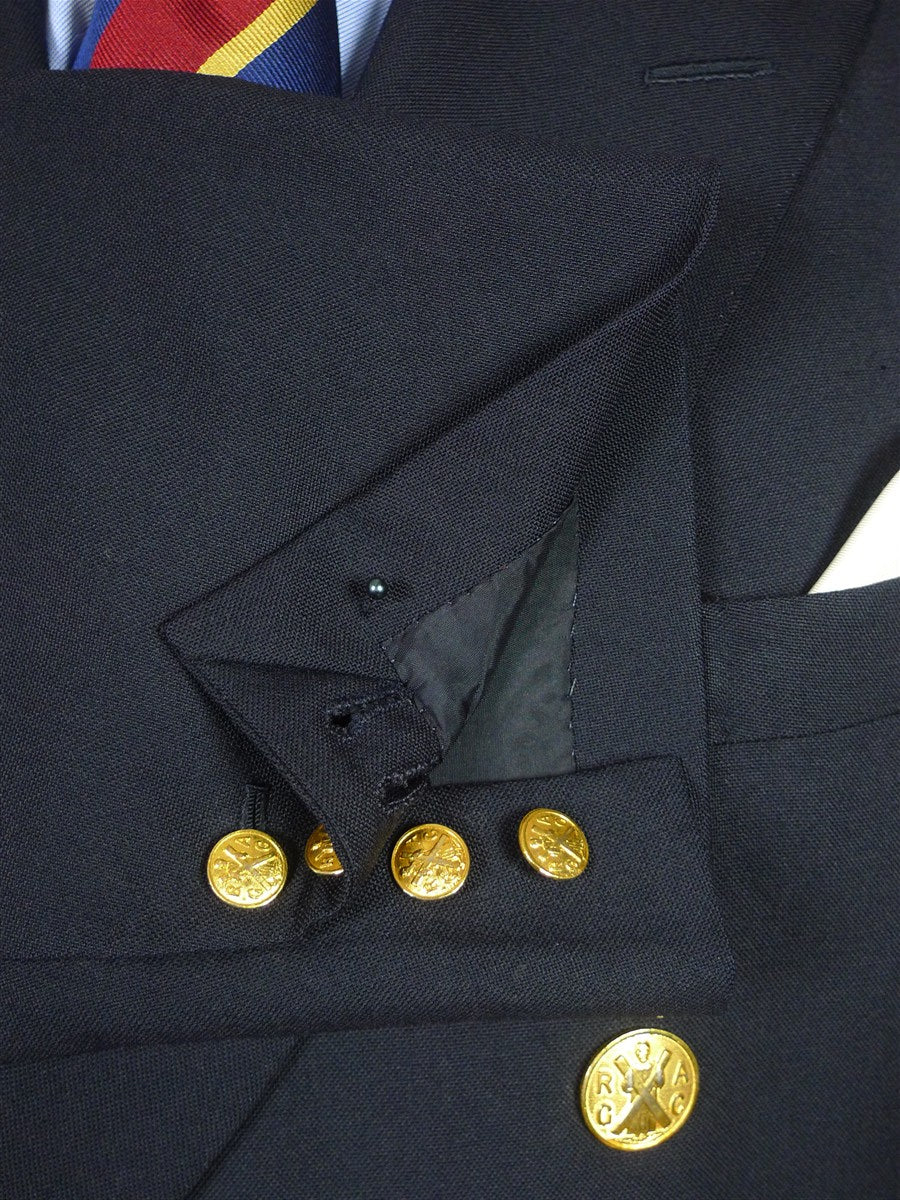 26/1069 dege & skinner 2001 savile row bespoke navy blue hopsack blazer w/ brass club buttons 48 regular