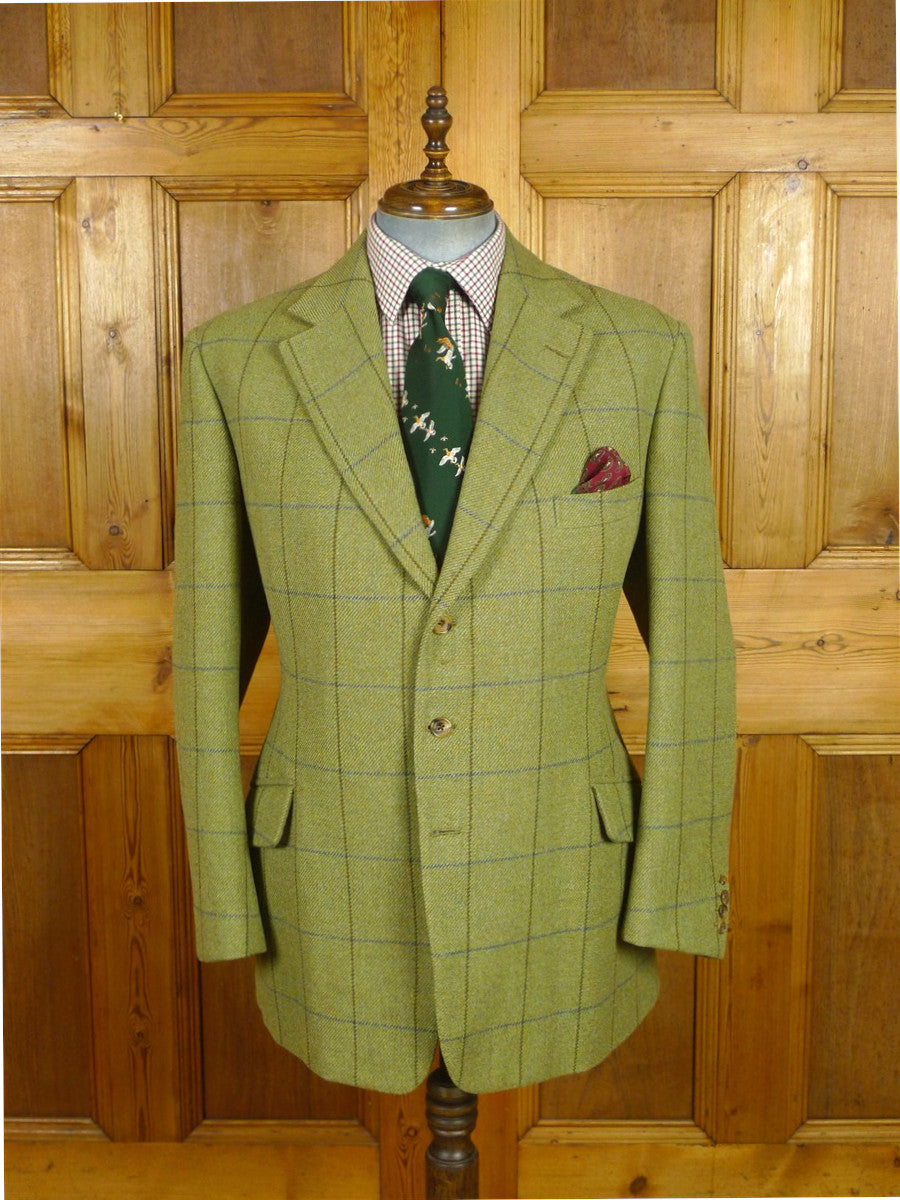 26/1082 dege & skinner 2000 savile row bespoke heavyweight green wp check tweed suit w/ trouser & breeks 45 regular
