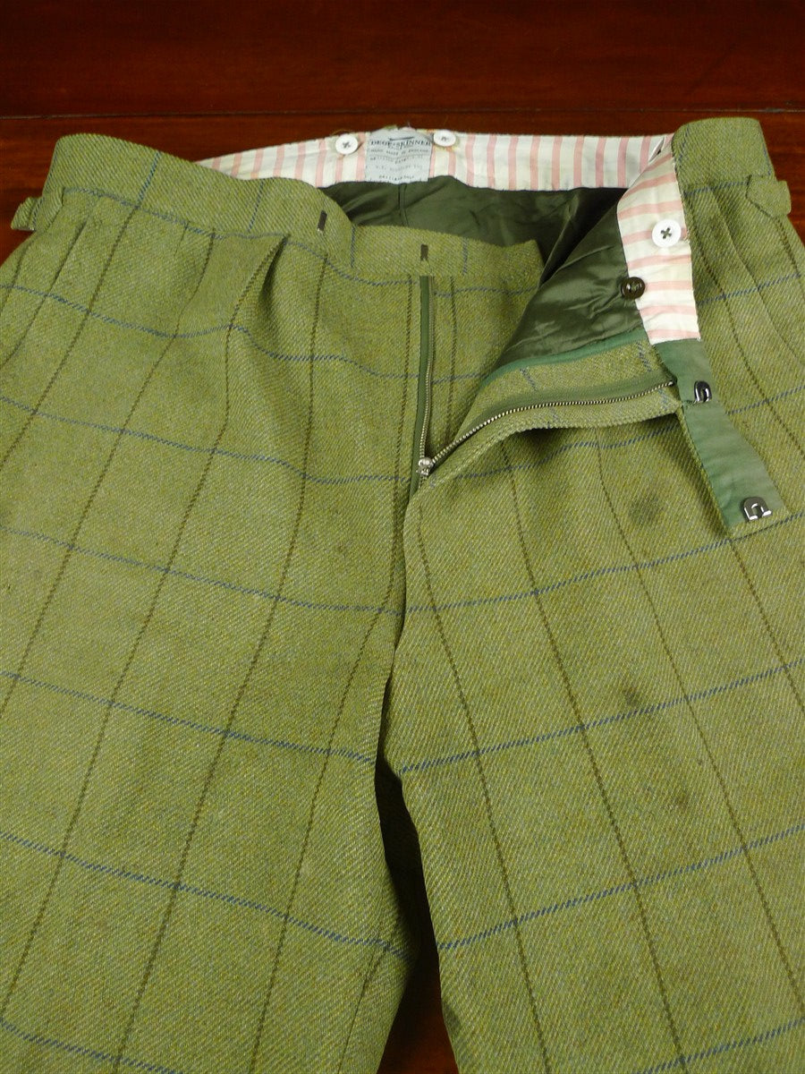 26/1082 dege & skinner 2000 savile row bespoke heavyweight green wp check tweed suit w/ trouser & breeks 45 regular