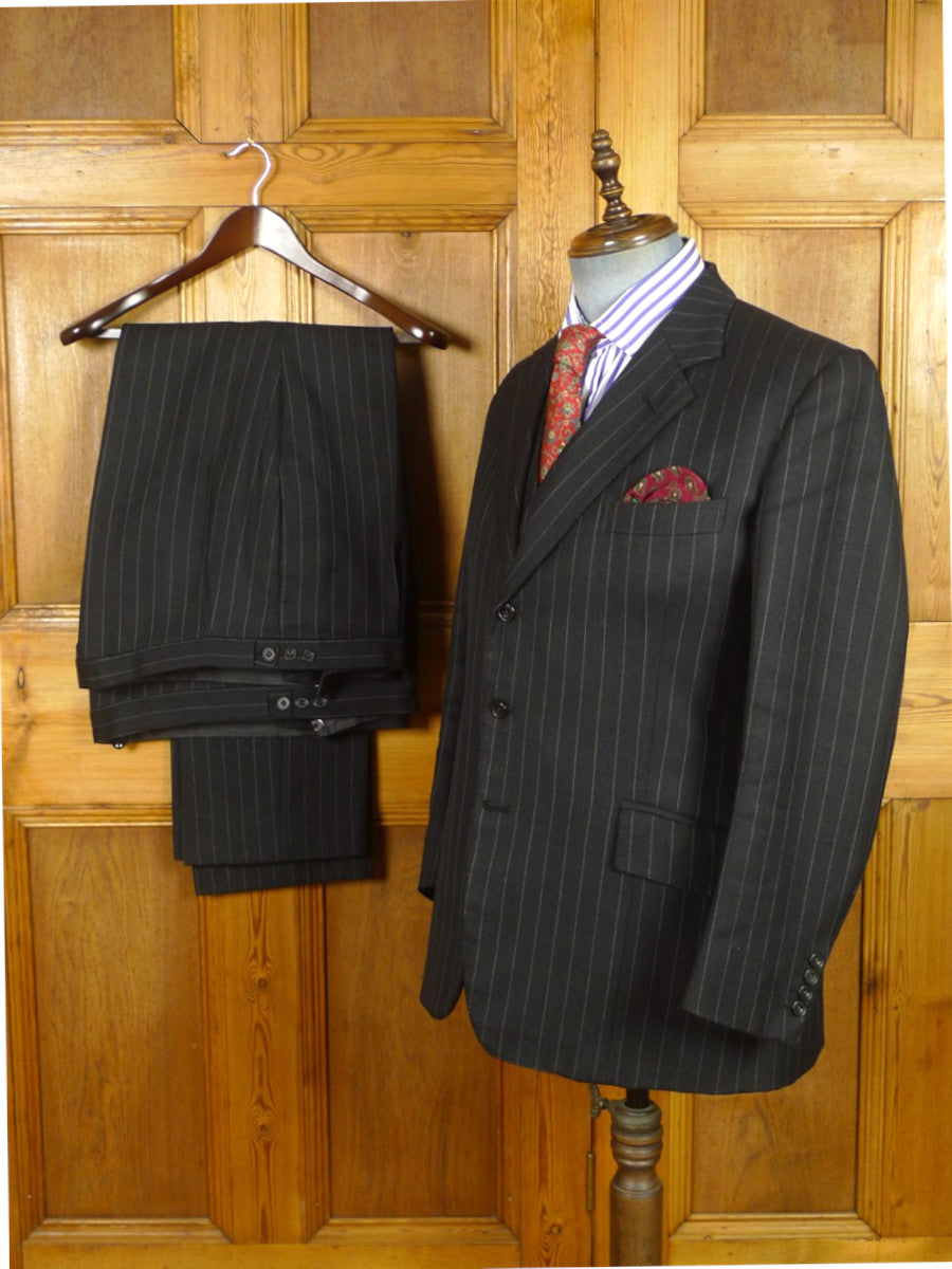 26/1085 vintage 1983 dege & sons savile row bespoke heavyweight charcoal grey pin-stripe 4-piece suit (jkt, vest, 2 pr trs) 40 regular