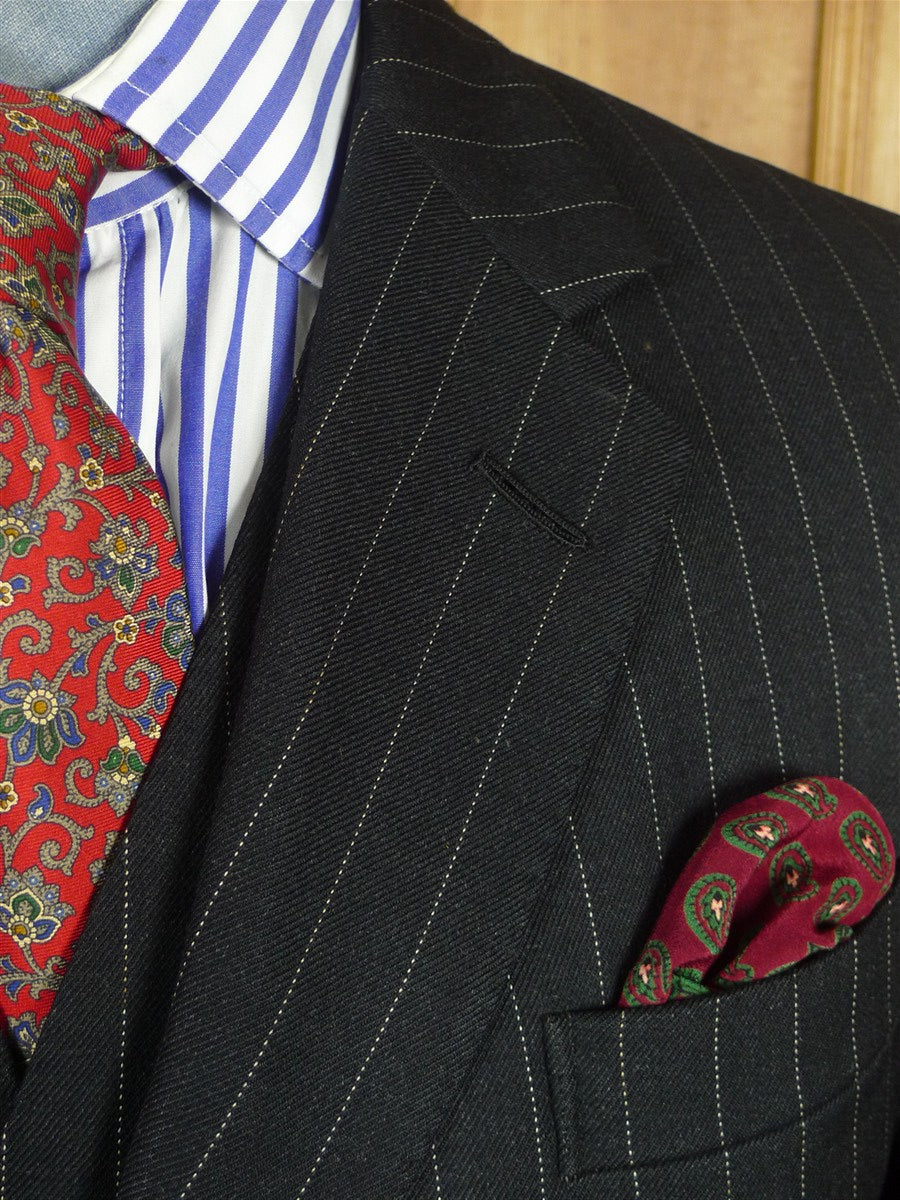 26/1085 vintage 1983 dege & sons savile row bespoke heavyweight charcoal grey pin-stripe 4-piece suit (jkt, vest, 2 pr trs) 40 regular