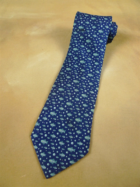 26/1076 hermes blue fish pattern silk tie 5035pa