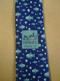26/1076 hermes blue fish pattern silk tie 5035pa