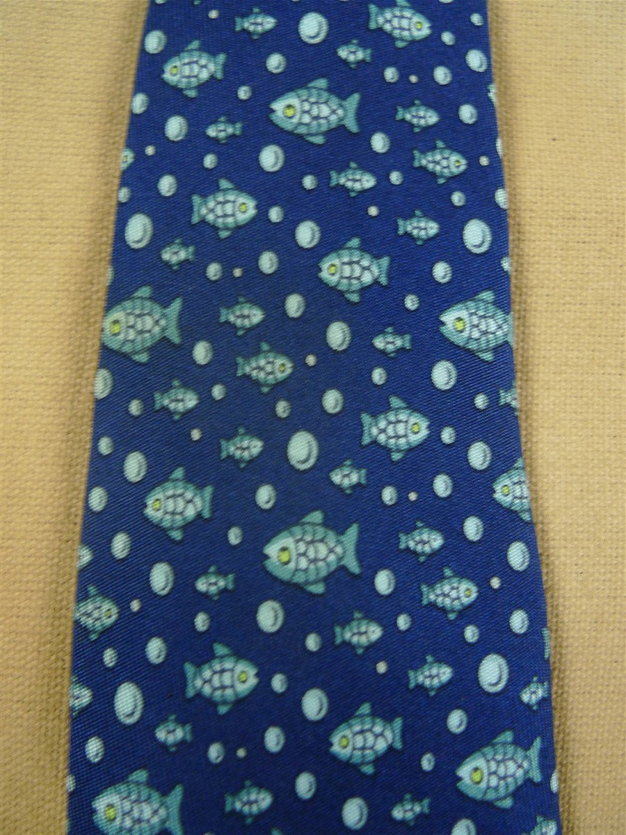 26/1076 hermes blue fish pattern silk tie 5035pa