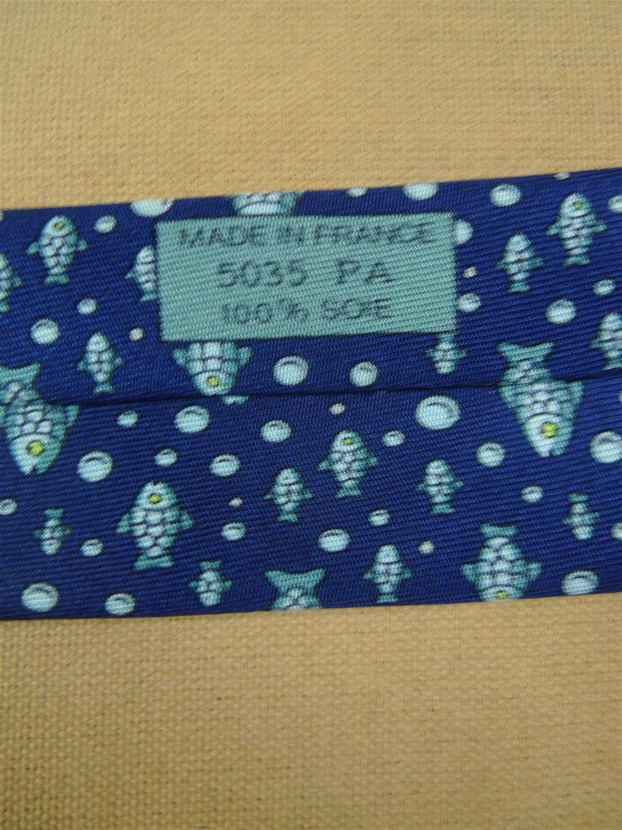 26/1076 hermes blue fish pattern silk tie 5035pa