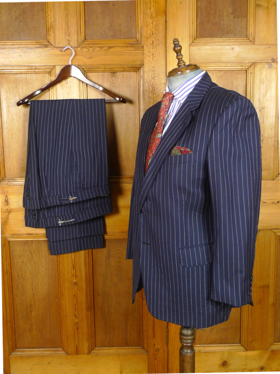 26/1130 vintage anthony hewitt savile row bespoke navy blue pin-stripe suit w/ 2 pair trs 42 regular