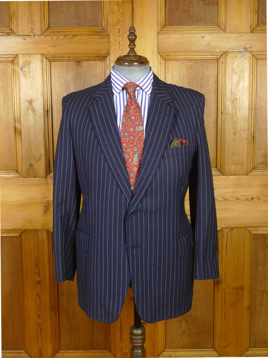 26/1130 vintage anthony hewitt savile row bespoke navy blue pin-stripe suit w/ 2 pair trs 42 regular