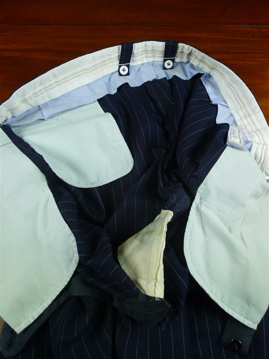 26/1132 vintage airey & wheeler savil row bespoke navy blue pin-stripe heavyweight worsted 3-piece suit 46 short
